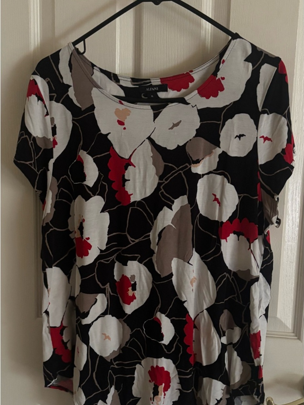 Alfani Black Short-Sleeve Floral Tee with White & Red Blooms